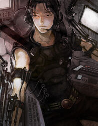  1boy bad_id bad_pixiv_id black_eyes black_hair computer_keyboard front_mission headphones headset indoors male_focus nobingo sakata_ryuuji sitting solo 