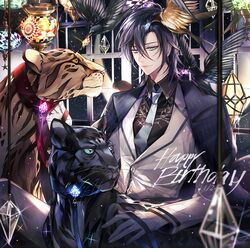  1boy bad_id bad_pixiv_id bird black_panther coat commentary_request crow formal gem gloves hair_between_eyes happy_birthday jacket jacket_on_shoulders lantern leash looking_at_viewer male_focus quanzhi_gaoshou s_(olath) sitting smile solo suit white_gloves white_suit window zhou_zekai 