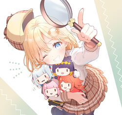  ;) arm_up blonde_hair blue_eyes blush bob_cut brown_hat brown_skirt character_doll commentary_request deerstalker doll female gawr_gura grin hair_ornament hat holding holding_doll holding_magnifying_glass hololive hololive_english holomyth index_finger_raised long_sleeves looking_at_viewer magnifying_glass mori_calliope ninomae_ina&#039;nis one_eye_closed pantyhose plaid plaid_skirt pleated_skirt serino_itsuki shirt skirt smile solo takanashi_kiara twitter_username virtual_youtuber watson_amelia watson_amelia_(1st_costume) white_shirt 