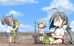  3girls ahoge alternate_costume aoba_(kancolle) blue_sky clothes_writing cloud commentary_request day green_eyes green_shorts grey_eyes grey_hair hair_between_eyes hair_bun hamu_koutarou highres indian_style jar kantai_collection kiyoshimo_(kancolle) low_twintails multiple_girls one-hour_drawing_challenge outdoors paintbrush pole ponytail purple_shorts rock sculpture shimushu_(kancolle) shirt short_hair shorts single_hair_bun sitting sky t-shirt theodolite translated twintails white_shirt 