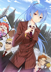  2girls 4boys :o absurdres black_jacket blonde_hair blue_eyes blue_sky brown_jacket brown_pants closed_mouth cloud cloudy_sky day facial_hair fei_luo_mao formal frederica_nikola_tesla glasses goatee hair_ribbon highres honkai_(series) honkai_impact_3rd jacket long_hair long_sleeves looking_at_viewer multiple_boys multiple_girls nancy_thomas_alva_edison necktie open_mouth orange_hair outdoors pants pink_jacket polo_shirt purple_eyes purple_necktie red_eyes red_hair red_necktie ribbon shirt short_hair sky sunglasses surprised tree white_shirt winter 