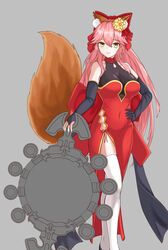  absurdres animal_ear_fluff animal_ears breasts chinese_clothes cleavage collarbone dress elbow_gloves fate/extella fate/extra fate/extra_ccc fate/grand_order fate_(series) female fingerless_gloves flower fox_ears fox_girl fox_tail gloves hair_flower hair_ornament hair_ribbon hand_on_own_hip highres hk419 large_breasts looking_at_viewer mirror open_mouth pink_hair red_dress red_ribbon ribbon solo suiten_nikkou_amaterasu_yanoshisu_ishi tail tamamo_(fate) tamamo_no_mae_(fate/extra) yellow_eyes 