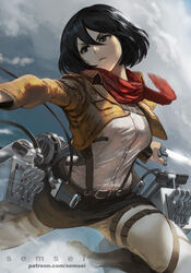  artist_name belt black_eyes black_hair bob_cut boots cloud commentary cropped_jacket david_semsei english_commentary female fighting frown furrowed_brow grey_pants hair_between_eyes highres holding holding_weapon jacket long_bangs looking_to_the_side mikasa_ackerman mixed-language_commentary pants paradis_military_uniform patreon_username red_scarf scar scar_on_cheek scar_on_face scarf shingeki_no_kyojin shirt short_hair sky solo sword thigh_boots thigh_strap thighhighs three-dimensional_maneuver_gear watermark weapon web_address white_shirt 