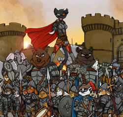  2022 angry anthro armor army axe badger barefoot battle_axe bear black_body black_fur blade blue_eyes boob_armor breastplate buckler canid canine canis cape castle chainmail cheek_scar cheetah chin_strap clothing codpiece common_hippopotamus couter cuirass curved_sword deer double_bitted_axe drum drummer drumstick_(musical) elephant elephantid equid equine eye_patch eyebrow_scar eyebrows eyewear facial_scar fantasy feet fel_doras felid feline female fire fox full_armor fur gauntlets gloves gorget greataxe greaves group handwear hat headgear headwear helmet hi_res hippopotamid holding_melee_weapon holding_object holding_polearm holding_spear holding_sword holding_weapon horse kunai lagomorph leather leather_armor leporid lion looking_at_viewer male mammal medieval medieval_armor melee_weapon military mouth_scar musical_instrument mustelid musteline pantherine percussion_instrument plackart pointing_sword polearm proboscidean rabbit round_shield scar serious_face shield size_difference soldier spaulder spear standing_on_shoulders suid suina sunset sus_(pig) sword throwing_knife unsheathing_sword unsheathing_weapon vambrace warrior weapon wild_boar wolf ziegelzeig 