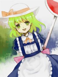  arms_behind_back blonde_hair commentary_request crescent_moon female hat hko kana_anaberal moon open_mouth short_hair solo touhou touhou_(pc-98) yellow_eyes 