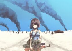  1pn58 6+others afghanistan ak-74 antenna_hair armored_vehicle army assault_rifle bad_id bad_pixiv_id bag bandaged_arm bandages bare_arms battlefield blank_stare blood blue_sky blue_tank_top bmp-3 breasts brown_eyes brown_hair carrying_bag caterpillar_tracks chinese_commentary clear_sky closed_mouth clothes_around_waist collarbone commentary day desert dirt_road dog_tags empty_eyes expressionless female green_bag green_jacket green_pants gun highres holding holding_gun holding_weapon injury jacket jacket_around_waist kalashnikov_rifle location_name looking_at_viewer medium_breasts midriff midriff_peek military military_jacket military_operator military_vehicle mixed-language_commentary motor_vehicle mountainous_horizon multiple_others on_ground original outdoors pants path rifle road scenery scope shirt short_hair shoulder_bag siqi_(miharuu) sky sleeveless sleeveless_shirt smoke soldier solo_focus soviet soviet_army spetsnaz standing staring straight-on striped_clothes striped_shirt tank tank_top telnyashka torn_clothes torn_shirt war war_in_afghanistan weapon white_tank_top 