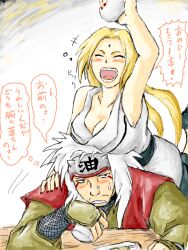  artist_request blonde_hair blush breasts cleavage closed_eyes facial_mark forehead_mark jiraiya large_breasts long_hair nail_polish naruto open_mouth sako_000 sweat tegaki tsunade white_hair 