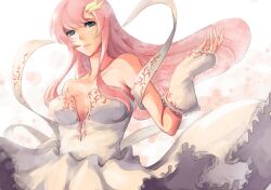  bad_id bad_pixiv_id bare_shoulders blue_eyes breasts cleavage collarbone detached_sleeves dress frills gundam gundam_seed hair_ornament hairclip lacus_clyne large_breasts long_hair pandea_work pink_hair solo upper_body 