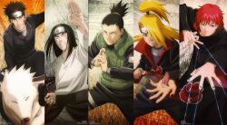  5boys akamaru akamaru_(naruto) artist_request black_hair blonde_hair brown_hair byakugan canine deidara facial_mark highres hyuuga_neji inuzuka_kiba long_hair male male_focus multiple_boys nara_shikamaru naruto naruto_shippuuden ponytail red_hair sasori short_hair spiked_hair spiky_hair tattoo 