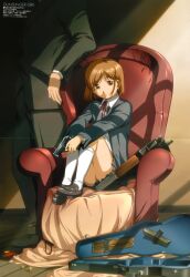  absurdres armchair bob_cut brown_eyes brown_hair bullet bullpup cardigan chair closed_mouth crease expressionless feet_on_chair female gun gunslinger_girl handgun head_out_of_frame henrietta_(gunslinger_girl) highres instrument_case ishii_kumi knees_up left-handed loafers looking_at_viewer megami_magazine official_art open_cardigan open_clothes out_of_frame p90 scan shoes sig_sauer sig_sauer_p239 sitting socks solo_focus submachine_gun weapon window_shadow 