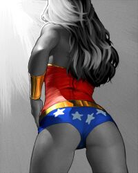  ass bad_id bad_pixiv_id bare_shoulders belt bracer cowboy_shot dc_comics female from_behind leotard long_hair monochrome realistic shiba_(berryeater) solo spot_color thighs western_comics_(style) wonder_woman wonder_woman_(series) 