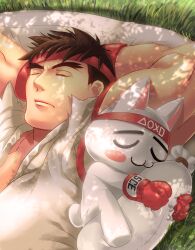  1boy commentary_request cosplay dappled_sunlight doko_demo_issho highres inoue_toro male_focus photoshop_(medium) ryu_(street_fighter) ryu_(street_fighter)_(cosplay) sleeping street_fighter street_fighter_x_tekken sunlight tekken xxxxchild 