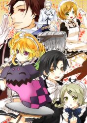  3boys 3girls :&lt; :d :o alternate_costume alternate_hairstyle alvin_(butler)_(tales) alvin_(tales) beard black_hair blonde_hair blush brown_hair butler closed_eyes commentary_request doll elize_lutus elize_lutus_(maid) enmaided facial_hair gloves gradient_hair green_eyes green_hair grey_hair jude_mathis jude_mathis_(butler) kurot leia_rolando leia_rolando_(maid) maid maid_headdress milla_maxwell milla_maxwell_(maid) mop multicolored_hair multiple_boys multiple_girls official_alternate_costume open_mouth purple_eyes red_eyes rowen_j._ilbert rowen_j._ilbert_(butler) smile tales_of_(series) tales_of_xillia teepo_(tales) thighhighs yellow_eyes 