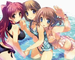  3girls amazuyu_tatsuki bikini blue_eyes breasts brown_hair cleavage folded_ponytail highres komaki_ikuno komaki_manaka kousaka_tamaki large_breasts medium_breasts multiple_girls red_hair small_breasts swimsuit to_heart_(series) to_heart_2 water 