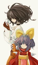  2girls black_hair bow bow_tie bowtie brown_eyes catsuit choker eiko_carol female final_fantasy final_fantasy_ix garnet_til_alexandros_xvii girl gloves horn jewelry lolicon multiple_girls overalls pendant purple_eyes purple_hair ribbon short_hair square_enix the_land_unkown wings yellow_ribbon 