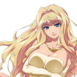  bare_shoulders blue_eyes breast_hold breasts cleavage crossed_arms dress elbow_gloves female flower gloves hair_flower hair_ornament hairu jewelry large_breasts long_hair looking_at_viewer macross macross_frontier necklace sheryl_nome sideboob simple_background smile solo 