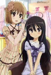  2girls absurdres adjusting_bow ahoge black_hair blush bow brown_eyes brown_hair dressing_another flower hair_flower hair_ornament hairbow highres imageboard_desourced kawabata_erukin long_hair megami_magazine multiple_girls non-web_source official_art shakugan_no_shana shana smile striped vertical_stripes very_long_hair yoshida_kazumi 