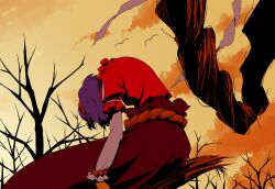  bare_tree black_skirt commentary_request female hair_ornament head_down long_skirt orange_sky photoshop_(medium) purple_hair red_skirt rope shimenawa shinburu short_hair skirt sky solo touhou tree yasaka_kanako 