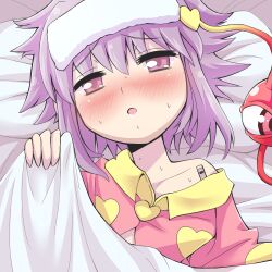  bad_id bad_pixiv_id blanket blush female fever givuchoko heart komeiji_satori off_shoulder open_mouth pajamas pillow pink_eyes purple_hair sick solo sweat third_eye touhou towel towel_on_head 