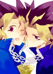  2boys bad_id bad_pixiv_id cheek-to-cheek dyed_bangs heads_together high_collar millennium_puzzle multicolored_hair multiple_boys muto_yugi one_eye_closed purple_eyes sa000 spiked_hair upper_body yami_yugi yu-gi-oh! yu-gi-oh!_duel_monsters 