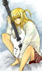  barefoot blonde_hair commentary_request dc9spot female guitar instrument long_hair miniskirt original plaid plaid_skirt pleated_skirt red_skirt signature skirt solo twintails 