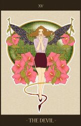  agnes_joubert bat_wings binary black_skirt brown_hair commentary_request demon_tail female flower green_eyes high_heels highres long_hair miniskirt mole mole_under_mouth nail_polish pencil_skirt ramta roman_numeral shoes side_slit skirt solo tail tarot tarot_(medium) the_devil_(tarot) tiger_&amp;_bunny wings 