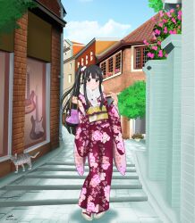  akiyama_mio alternate_hairstyle black_eyes black_hair commentary_request feline female full_body guitar hair_ornament instrument japanese_clothes k-on! kanzashi kimono kinchaku long_hair nihility outdoors pouch solo stairs tsumami_kanzashi 