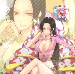  amazon black_hair boa_hancock breasts cleavage crop_top earrings female female jewelry large_breasts legs_crossed long_hair long_sleeves midriff one_piece salome_(one_piece) shichibukai sitting snake zoom_layer 