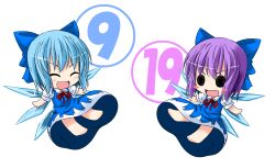  2girls ^_^ blue_hair blush blush_stickers bow chibi cirno cirno_(cosplay) cirno_day closed_eyes commentary_request cosplay dress hairbow ichimi multiple_girls nagae_iku open_mouth photoshop_(medium) purple_hair short_hair solid_circle_eyes touhou wings 