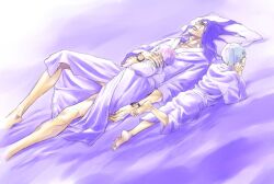  ^_^ artist_request barefoot bed black_eyes bleach bracelet bracelets closed_eyes group hug ichimaru_gin jewelry kusajishi_yachiru lolicon long_hair looking_up pink_hair purple_hair robe scar short_hair silver_hair sleep sleeping trio zaraki_kenpachi 