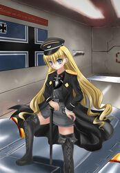  aircraft alice_soft blonde_hair blue_eyes boots cross daiteikoku female flag hand_on_hip hat highres hips indoors long_boots long_hair military military_uniform miniskirt nazi peaked_cap retia_adolf short_skirt skirt solo staff uniform 