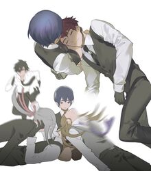  5boys apron azuki_nagamitsu_(touken_ranbu) bad_id bad_twitter_id black_hair black_necktie blue_hair brown_hair commentary_request daihannya_nagamitsu_(touken_ranbu) dress_shirt falling gloves grey_hair kenshin_kagemitsu kouryuu_kagemitsu lap_pillow looking_down male_focus motion_blur multiple_boys multiple_views necktie red_hair running seiza shirt shokudaikiri_mitsutada shorts sitting socks touken_ranbu tuke_omio waistcoat white_background 