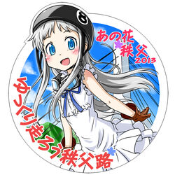  8-ball ano_hi_mita_hana_no_namae_wo_bokutachi_wa_mada_shiranai. blue_eyes commentary_request dress female gloves goggles goggles_around_neck grey_hair helmet honma_meiko long_hair punto 