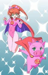  bow buurin_(tonde_buurin) cape commentary_request covered_navel dual_persona female green_eyes hairbow highres kokubu_karin leotard murasaki2007 pantyhose pig pink_leotard ponytail red_hair sparkle superhero_costume tonde_buurin 