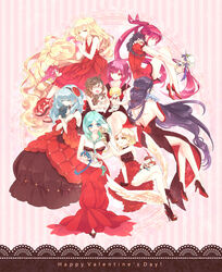  6+girls :d ^_^ abby_(troser) absurdly_long_hair aladdin_(magi) ali_baba_saluja ankle_lace-up ankle_wings annotated aqua_eyes aqua_hair arm_at_side arm_support backless_dress backless_outfit bare_arms bare_back bare_legs bare_shoulders black_gloves blonde_hair blue_eyes blue_hair blunt_bangs blush bracelet breasts carrying character_doll china_dress chinese_clothes closed_eyes closed_mouth commentary_request cousins cross-laced_footwear crossed_legs crossover detached_sleeves dreadlocks dress dunya_mustashim elbow_gloves english_text flat_chest floating_hair flying_sweatdrops formal front_ponytail gloves gown grabbing green_hair hair_between_breasts hair_ornament hairband hairpin half_updo halterneck hand_up happy_valentine high_heels holding hugging_doll hugging_object invisible_chair isaac_(magi) jewelry judal kassim kissing kissing_cheek kissing_object knees_up lace_background lolicon long_dress long_hair looking_at_another looking_to_the_side magi_the_labyrinth_of_magic mariam_(magi) matching_outfits morgiana mu_alexius multiple_girls one_side_up open_mouth pink_background pink_hair pisti platform_footwear pout purple_hair red_dress red_eyes red_footwear red_hair ren_hakuei ren_kougyoku ribbon scheherazade_(magi) seishun_(magi) sharrkan shoes short_dress side_ponytail side_slit sinbad_(magi) sitting sleeveless sleeveless_dress small_breasts smile spartos straight strapless strapless_dress striped striped_background stuffed_toy surprised swept_bangs twintails v-neck valentine very_long_hair wedge_heels white_wings wings yamuraiha 