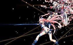  2girls animal_ears black_background blue_eyes braid cherry_blossoms commentary_request cross_akiha fox_ears gloves gun hair_between_eyes hair_ornament hairclip highres honkai_(series) honkai_impact_3rd kallen_kaslana kallen_kaslana_(ritual_imayoh) katana leotard long_hair multiple_girls open_mouth petals pink_hair purple_eyes see-through single_glove single_thighhigh sword thighhighs weapon white_hair yae_sakura yae_sakura_(goushinnso_memento) 