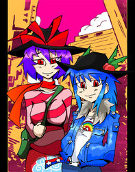  2girls alternate_costume bad_id bad_pixiv_id bag belt between_breasts blue_hair bow breasts closed_mouth clothes_between_breasts clothes_writing company_logo company_name contemporary food fruit hat hat_bow hat_ribbon hinanawi_tenshi leaf ljn long_sleeves medium_breasts multiple_girls nagae_iku peach photoshop_(medium) purple_hair racket rainbow red_eyes ribbon setz star_(symbol) symbol-shaped_pupils touhou 