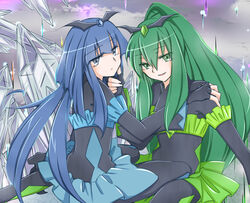  2girls bad_end_beauty bad_end_march bad_end_precure black_bodysuit blue_eyes blue_hair blue_skirt bodysuit commentary_request crystal fingerless_gloves frills gem gloves green_eyes green_hair hand_on_another&#039;s_chin hand_on_another&#039;s_shoulder head_wings jappo long_hair multiple_girls open_mouth ponytail precure skirt smile_precure tiara very_long_hair wings 