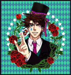  1boy alternate_costume argyle_background bad_boy bad_id bad_pixiv_id brown_hair commentary_request facial_mark flower green_eyes hat hat_ribbon jojo_no_kimyou_na_bouken joseph_joestar joseph_joestar_(young) male_focus one_eye_closed red_flower red_rose ribbon rose solo star_(symbol) tattoo teardrop thorns top_hat 