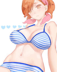  3838383 bad_id bad_pixiv_id bare_shoulders bikini breasts brown_eyes brown_hair cleavage devil_survivor female heart large_breasts navel solo striped_bikini striped_clothes swimsuit yuzu_tanigawa 