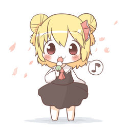  alternate_hairstyle ascot barefoot blonde_hair blush commentary_request dango double_bun eighth_note female food full_body hair_bun hair_ribbon musical_note red_eyes ribbon rumia sanshoku_dango simple_background skewer skirt smile solo south114 spoken_musical_note touhou wagashi white_background 