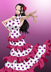  armpits bare_shoulders black_hair breasts brown_eyes dress earrings erect_nipples female female flower hand_on_hip highres jewelry large_breasts long_hair looking_at_viewer nel-zel_formula one_piece rose simple_background smile solo standing viola_(one_piece) violet_(one_piece) 