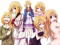  blonde_hair casual charlotte_dunois commentary_request female infinite_stratos long_hair nightgown nude purple_eyes same_2009 uniform 