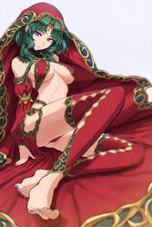  arabian_clothes barefoot braid breasts breasts_apart circlet closed_mouth detached_collar detached_sleeves fate/grand_order fate_(series) female full_body gold gold_trim green_hair harem_outfit highres jewelry kamo_ashi long_hair low_twin_braids medium_breasts nail_polish necklace purple_eyes purple_nails red_thighhighs salome_(fate) simple_background sitting solo thighhighs thighs toenail_polish toenails twin_braids underboob veil white_background yokozuwari 