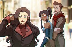  1boy 2girls adjusting_hair asami_sato avatar_legends bad_id bad_twitter_id bisexual_female blue_eyes blurry blurry_background blush breasts commentary dark-skinned_female dark_skin distracted_boyfriend_(meme) drooling elbow_gloves eyeshadow gloves green_eyes hand_in_own_hair korra long_hair makeup mako_(avatar) meme multiple_girls parody photo_background ponytail red_lips red_scarf scarf sleeveless the_legend_of_korra unoobang upper_body 