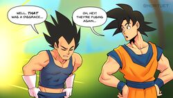  2boys absurdres annoyed black_hair blue_legwear blue_shirt blurry blurry_background closed_eyes collarbone cowboy_shot dragon_ball dragon_ball_super dressing embarrassed energy english_commentary english_text gloves grass hands_on_own_hips highres looking_back male_focus mountain multiple_boys muscular muscular_male nortuet open_mouth orange_pants pants shadow shirt sleeveless sleeveless_shirt son_goku speech_bubble spiked_hair tree twitter_username vegeta watermark white_gloves wristband 