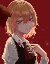  ascot bad_id bad_pixiv_id black_vest blonde_hair blood blood_from_mouth blood_on_clothes blurry blurry_background breasts collared_shirt depth_of_field eit_(ikeuchi) female hair_between_eyes hair_ribbon half-closed_eyes hand_on_own_chest hand_up highres juliet_sleeves long_sleeves looking_at_viewer medium_breasts parted_lips puffy_sleeves red_ascot red_background red_eyes red_ribbon ribbon rumia shirt short_hair simple_background sinister smile solo touhou tsurime upper_body vest wing_collar 