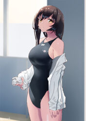  aya_(jonsun) bare_shoulders black_hair black_one-piece_swimsuit blush breasts brown_eyes closed_mouth collared_shirt dress_shirt female highleg highleg_swimsuit jonsun large_breasts long_hair long_sleeves looking_at_viewer off_shoulder one-piece_swimsuit open_clothes open_shirt original shirt solo swimsuit thighs white_shirt 