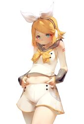  :&lt; aqua_eyes arm_warmers armpit_crease bare_shoulders belly_grab blonde_hair bow breasts chinese_commentary commentary detached_sleeves female flab fortissimo grey_sailor_collar grey_sleeves hair_ornament hairbow hairclip hands_on_own_stomach headphones highres kagamine_rin kagamine_rin_(vocaloid4) light_frown looking_down neckerchief nongcunge11 piano_print pleated_shorts sailor_collar see-through see-through_bow see-through_sleeves shirt short_hair shorts shoulder_tattoo sleeveless sleeveless_shirt small_breasts solo tattoo treble_clef v4x vocaloid weight_conscious white_shirt white_shorts wide_hips worried yellow_nails yellow_neckerchief 