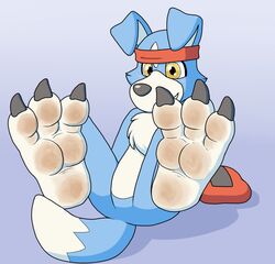  accessory ambiguous_gender anthro bandai_namco blue_balls blue_body blue_fur canid canine clothing digimon digimon_(species) dirty dirty_feet feet foot_focus fur gaomon headband headgear headwear hi_res hindpaw mammal paws solo yellow_eyes 